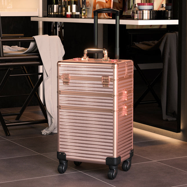 3in1 Cosmetic Train Case with Detachable Beauty Storage Box,Rose Gold