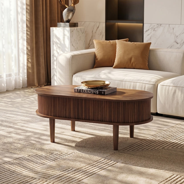 Wooden Oval Lift-Top Coffee Table with Hidden Compartment