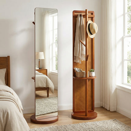 360° Rotating Full-Length Mirror with Coat Rack Tempered Glass