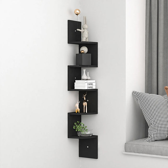 Wooden Zigzag Floating Corner Shelves 5-Tier Black