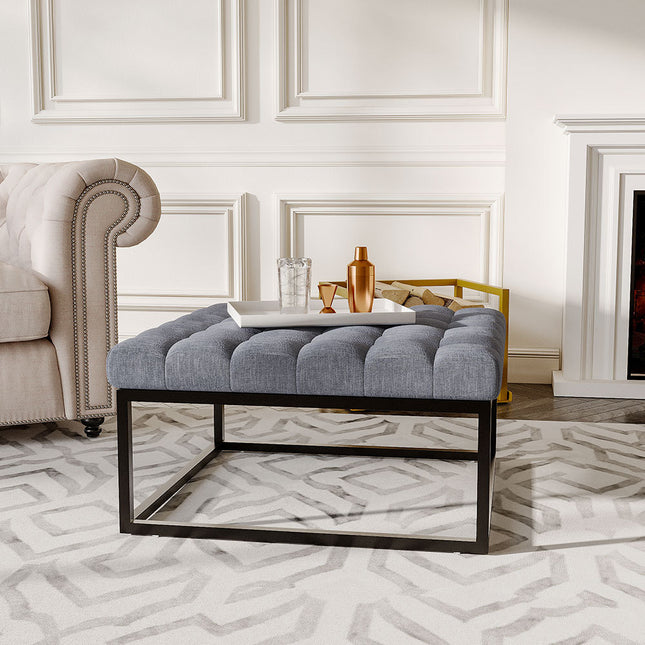 Square Linen Footstool with Metal Frame