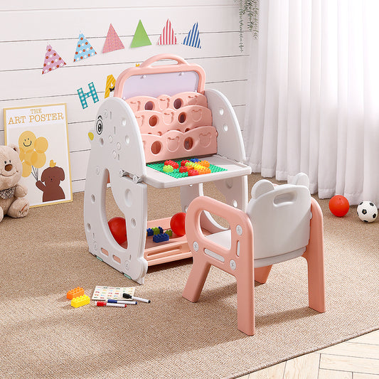 Pink Double Sided Easel Desk Chair Set with Book Rack