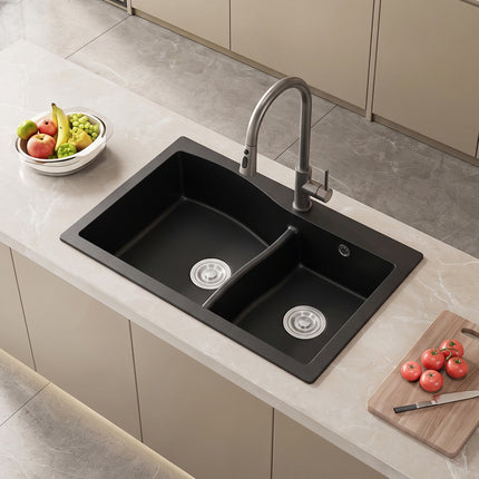 Modern Double Bowl Quartz Resin Composite Kitchen Sink with Waste Kit