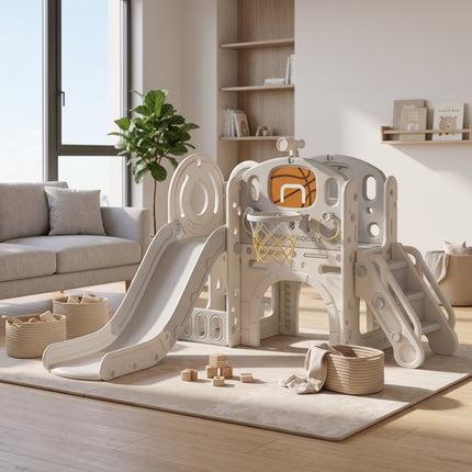 Grey Toddler Slide and Climber Playset with Basketball Hoop