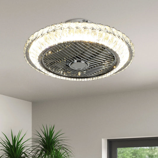 Round Crystal Flush Mount Dimmable LED Ceiling Fan Light