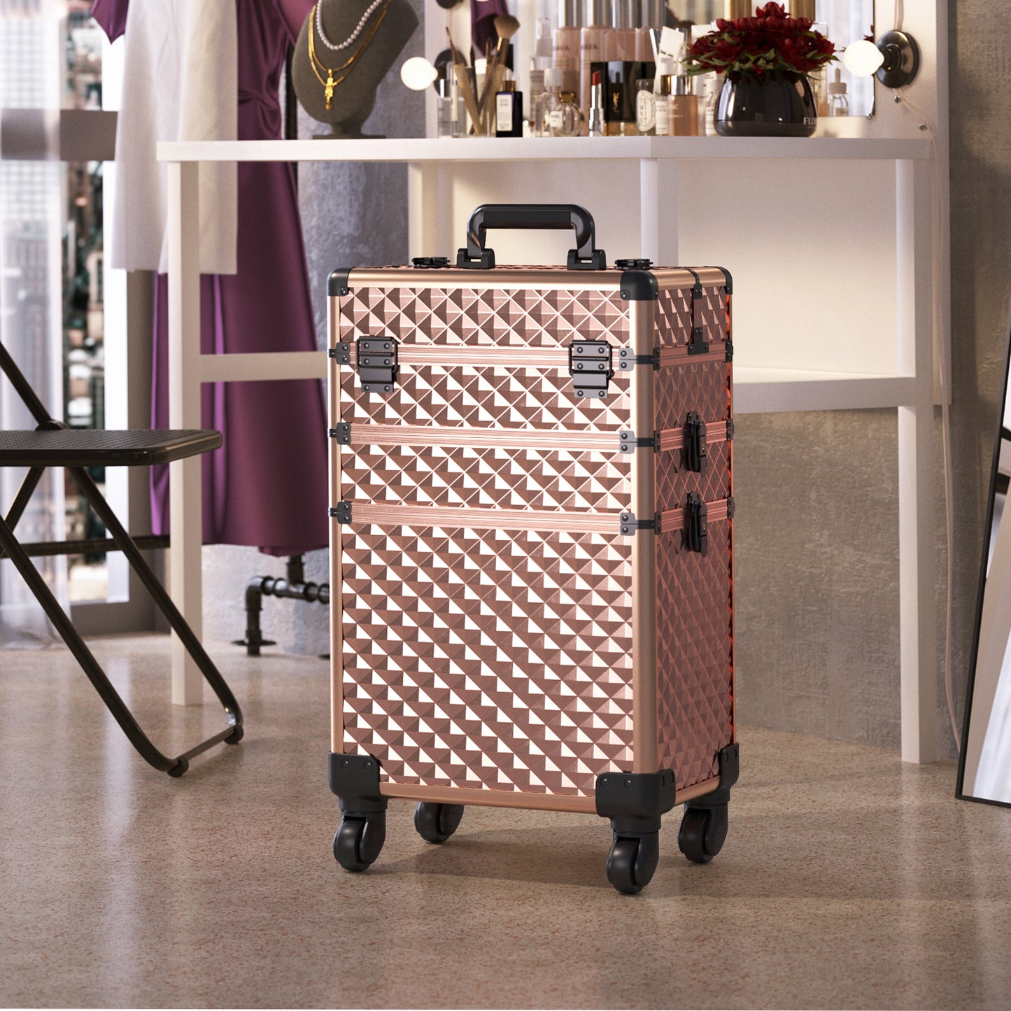 3 in 1 Portable Cosmetic Case With Telescopic Handle and Wheels