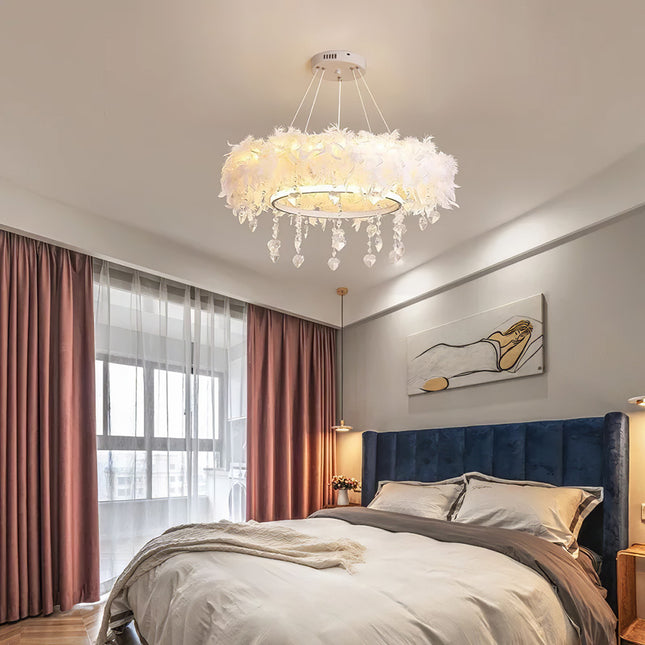 White Double Layer Feather LED Pendant Light with Crystals