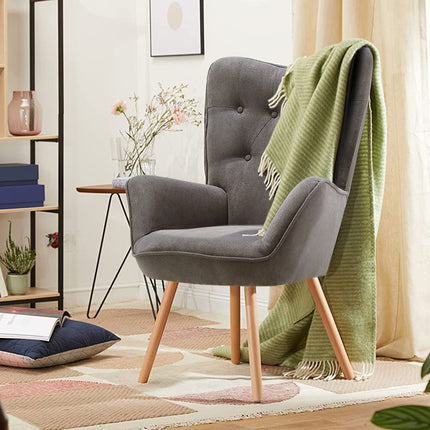 Grey Linen Buttoned Armchair with Wood Legs