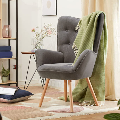 Grey Linen Buttoned Armchair with Wood Legs
