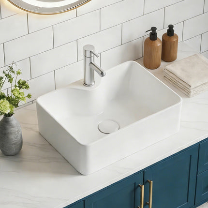 Rectangular Ceramic Countertop Basin with Central Drain Set
