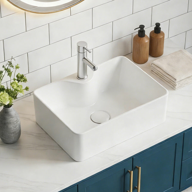 Rectangular Ceramic Countertop Basin with Central Drain Set