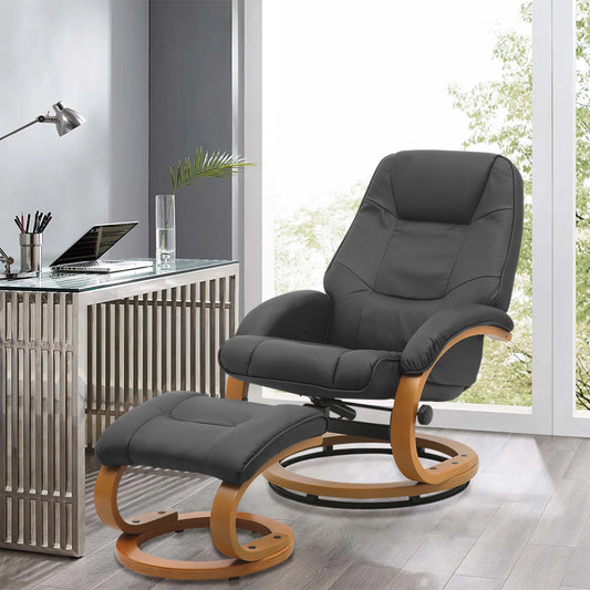 Black PU Leather Swivel Office Armchair with Footstool