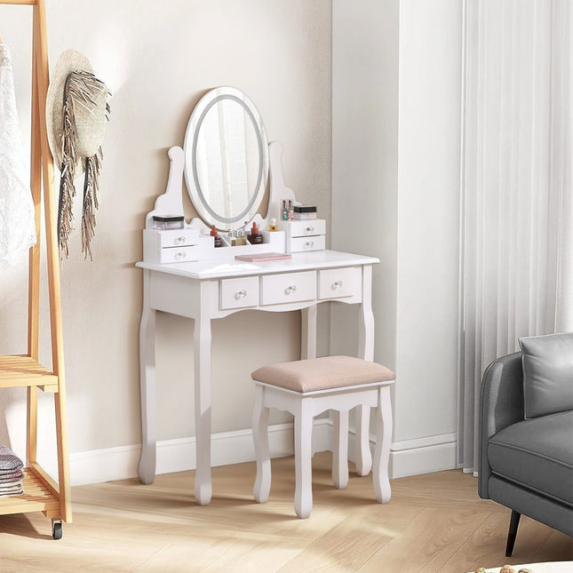 White Makeup Vanity Desk Set with LED Three Color Adjustable Light 135cm H