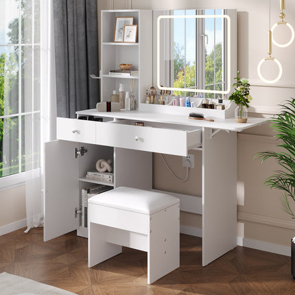 LED Illuminated Mirror Dressing Table Stool Set with Power Strip