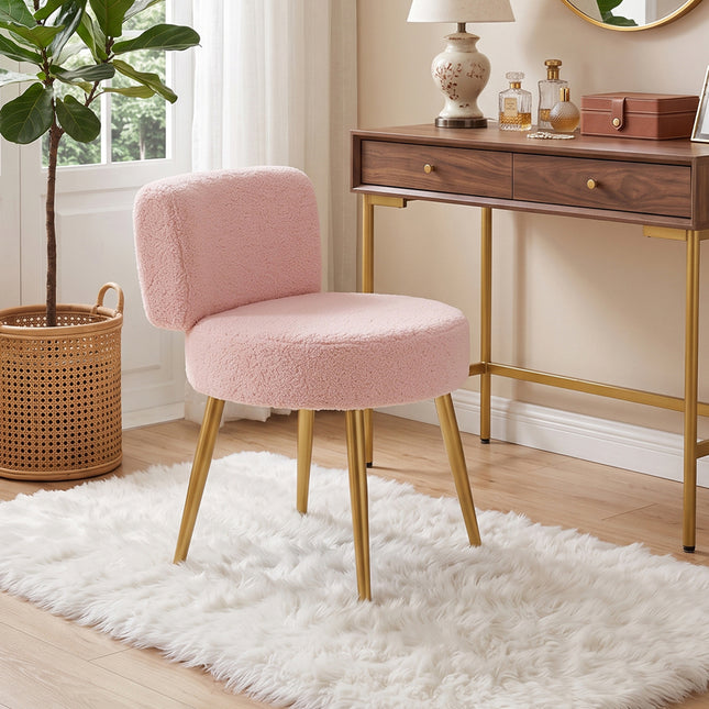 Teddy Fleece Upholstered Dressing Table Stool with Adjustable Feet