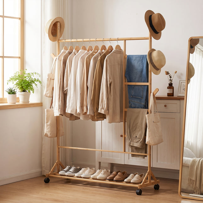 Bamboo Clothes Rack with Bottom Shelf Shoe Clothing Organizer