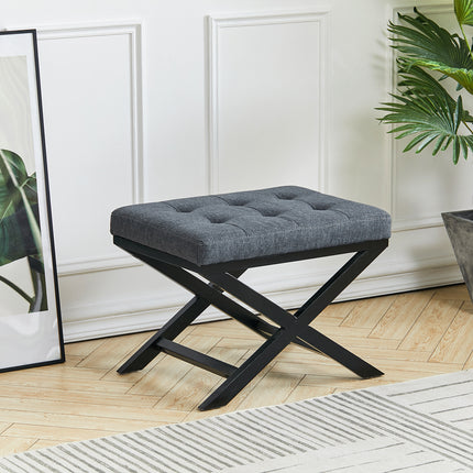 Linen Buttoned Footstool with X shaped Legs