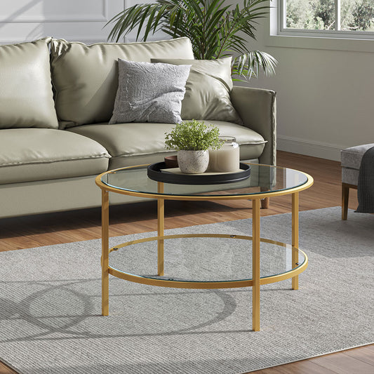 2 Tier Round Glass Coffee Table Side Table Gold Frame