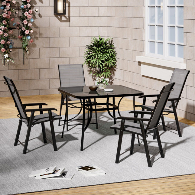 5-Piece Outdoor Set 105cm Rectangular Glass Umbrella Table and Folding Chairs