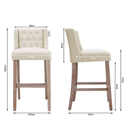 Rustic Set of 2 Bar Stools Linen Tufted with Wood Legs