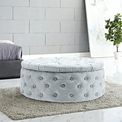 Round Chesterfield Linen Sturdy Footstool with Buttoned Edge