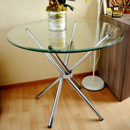 Tempered Glass Crossover Round Dining Table with 4 Chrome Legs