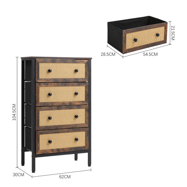 Rustic Rattan Storage Cabinet with Four Drawers 104cm