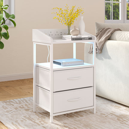 Nightstand Bedside Table with Charging Station and LED Lights