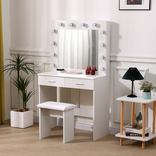 White Hollywood Dressing Table Set with Large Lighted Mirror