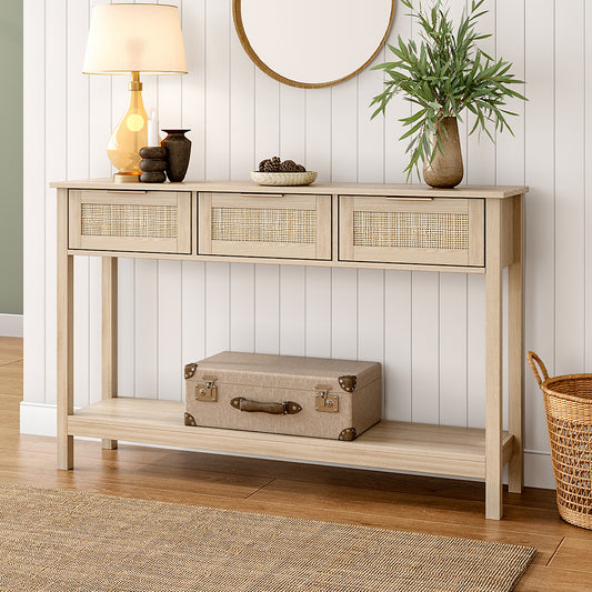Rustic Wood Console Table with 3 Rattan Drawer