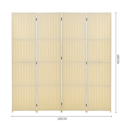 Folding room divider privacy screen with four panels made of ivory woven fiber