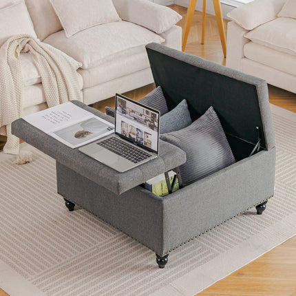 Square Linen Upholstered Storage Ottoman with Lift-Top & Flip Design