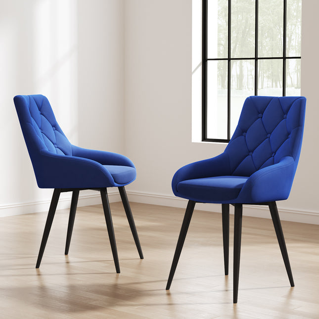 Set of 2 Blue Velvet Metal Legs Button Upholstered Dining Chair 88cm