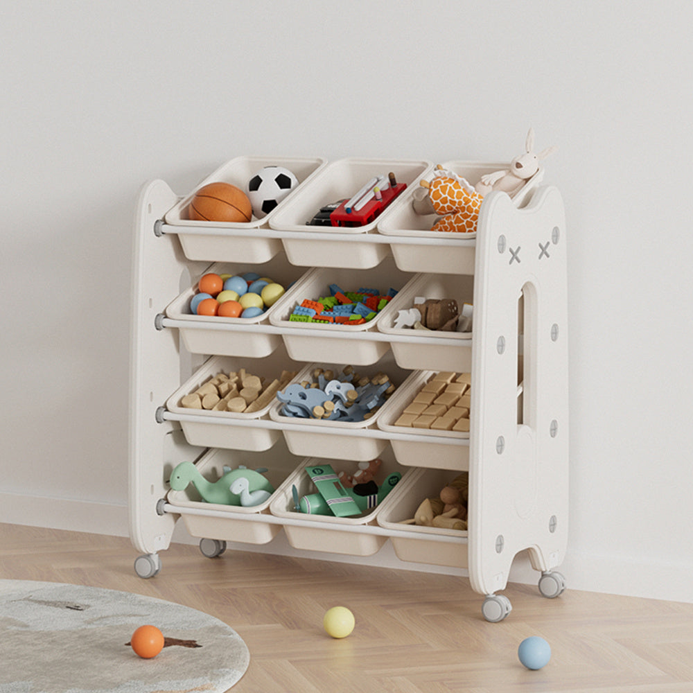 Beige Rolling Tier Plastic Toy Storage Organizer with 12