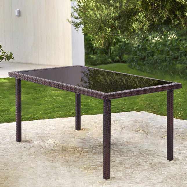 150CM Patio Garden Rectangle Rattan Frame Glass Top Table Brown