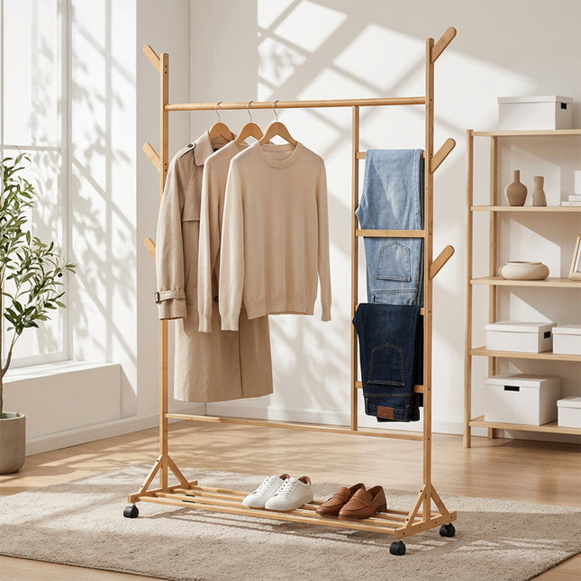 Bamboo Clothes Rack with Bottom Shelf Shoe Clothing Organizer