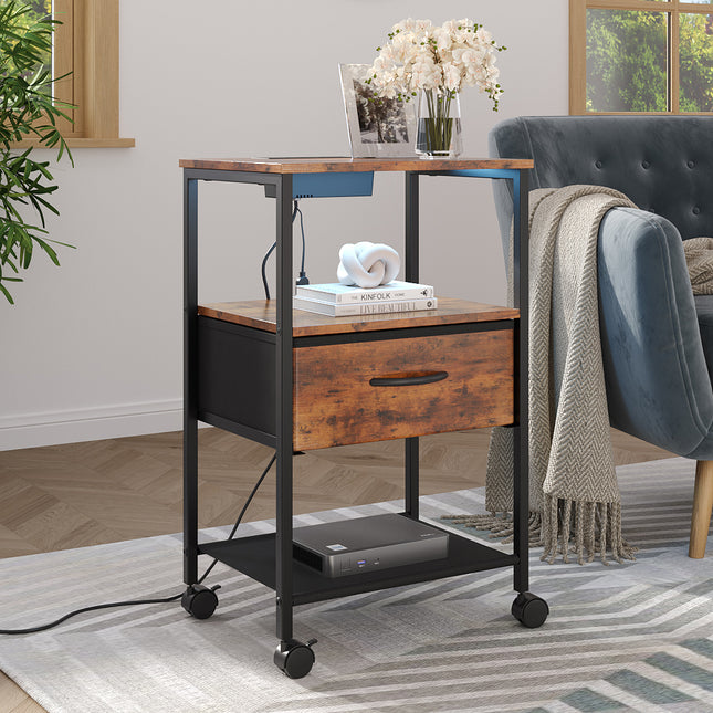 Nightstand Bedside Table with Charging Station and LED Lights