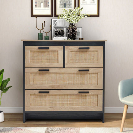 Beige Wooden Storage Cabinet with Rattan Drawer Console Table