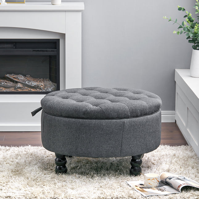 Linen Buttoned Ottoman Storage Footstool Grey