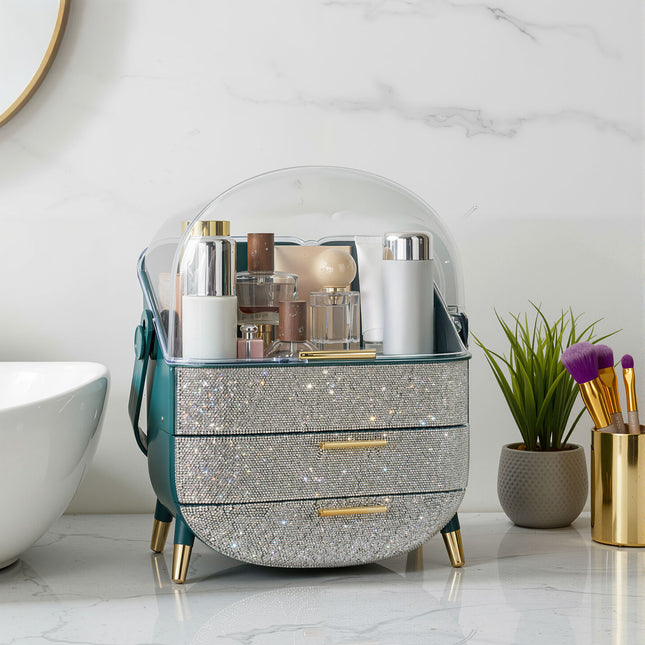 Countertop Portable Oval Makeup Storage Box with Transparent Cover