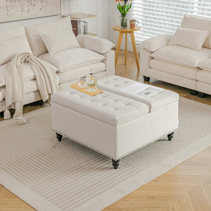 Square Linen Upholstered Storage Ottoman with Lift-Top & Flip Design