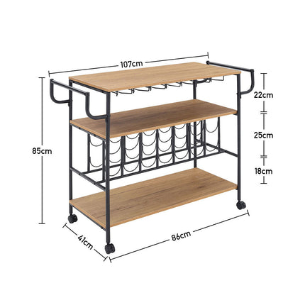 3 Tier Kitchen Drinks Trolley with Wine Bottle Storage Rack Wheeled