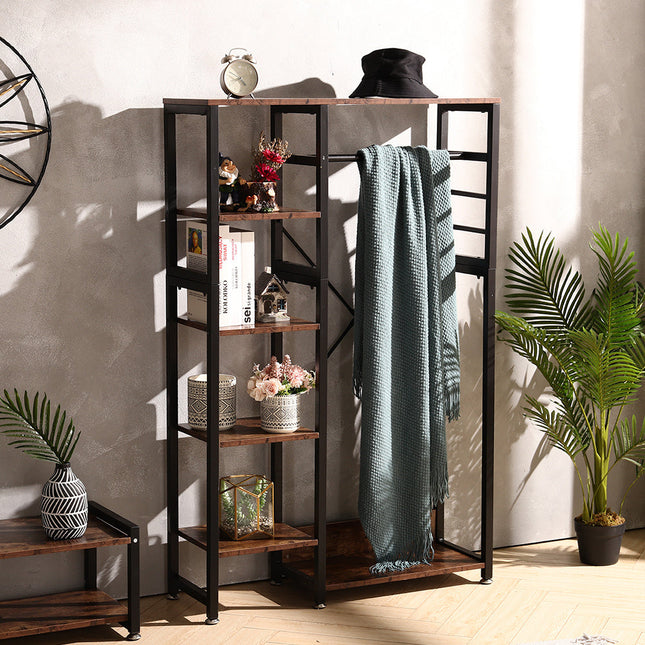 Rustic Brown MDF Clothes Rack with Storage Shelves 160cm H