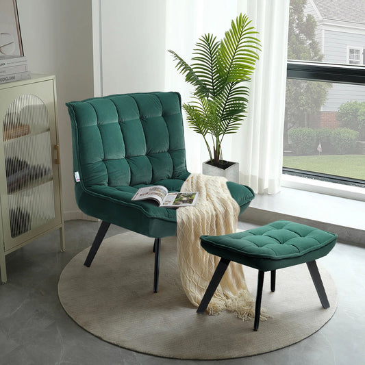 Dark Green Modern Accent Chair with Footstool Comfy Set