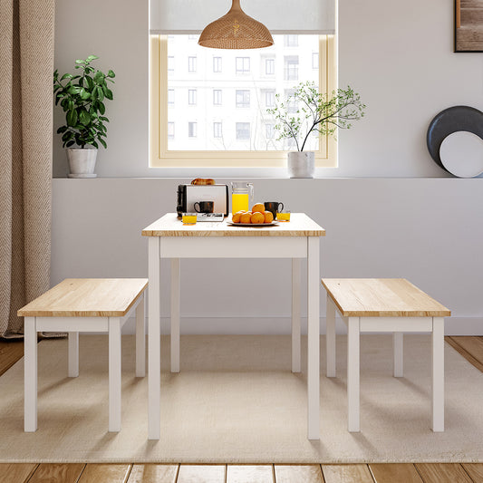 White Set of 3 Modern Wood Dining Table and Benches