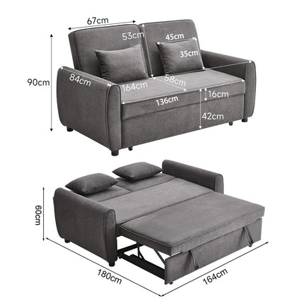Grey Convertible Sofa Bed with 2 Pillows