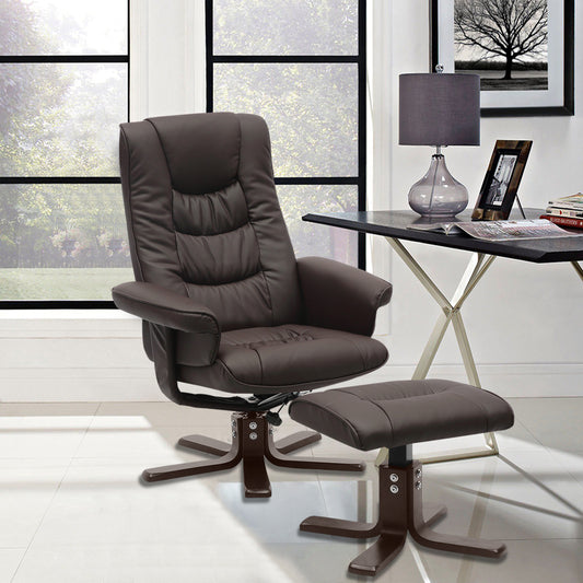 Brown PU Leather Swivel Office Armchair with Footstool
