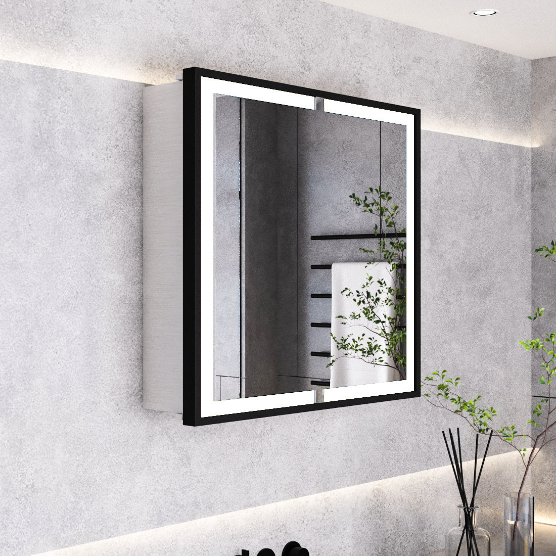 double door led bathroom mirror cabinet with shaver socket