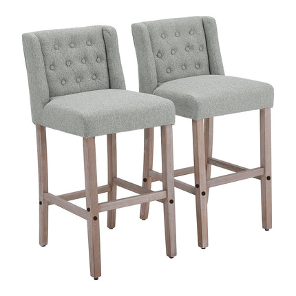 Rustic Set of 2 Bar Stools Linen Tufted with Wood Legs