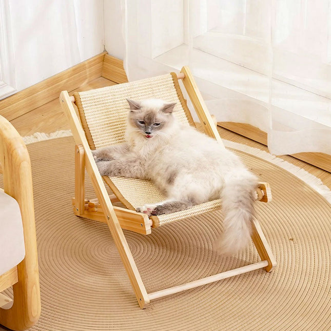 Adjustable 4-Position Sisal Cat Lounge Chair with Solid Wood Frame